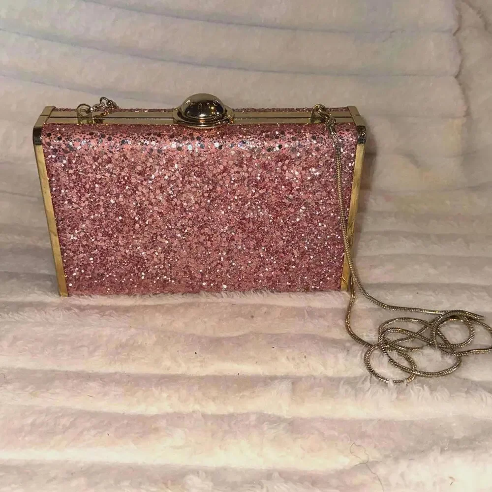 Henri Bendel Flip Lock Glitter Party Box Purse Pink Clutch Gold‎ Shoulder Bag